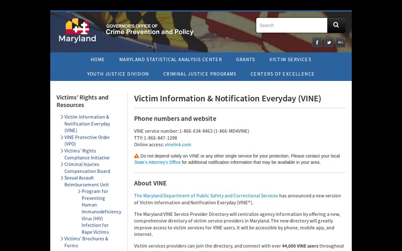 Official Maryland VINE guidance for Allegany County custody alerts