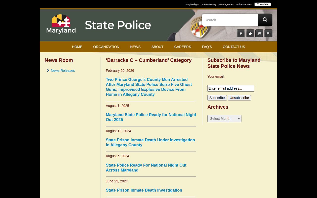 Allegany County selected Maryland State Police arrest releases