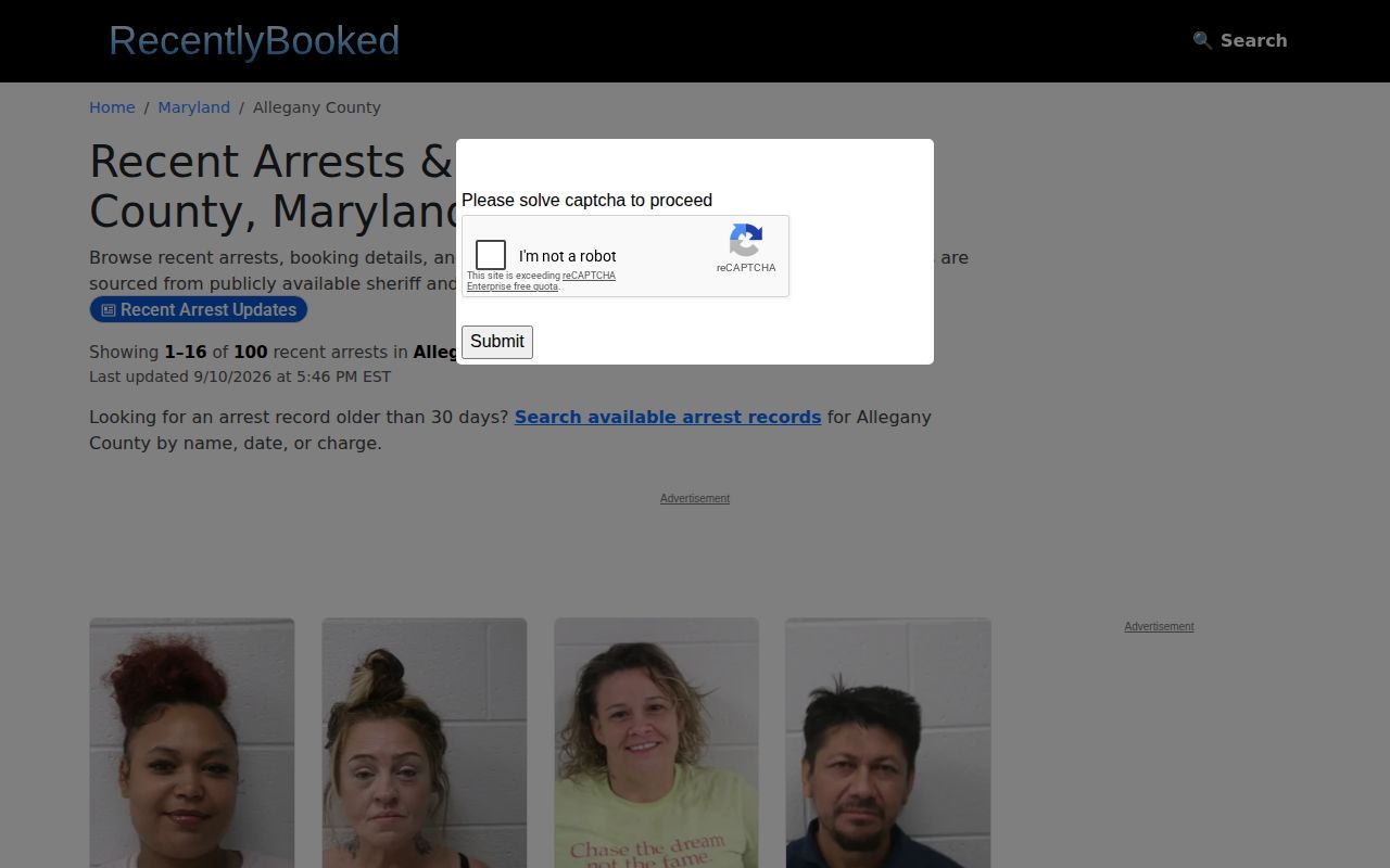 Unofficial Allegany County recent arrest listing requiring verification